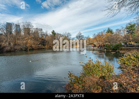 La Ciudad de Nueva York, NY, USA - 25th, Diciembre, 2018 - frío hermoso día soleado en el Parque Central del lago con patos cerca Gapstow Bridge, Manhattan.