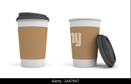 Representación 3D de dos tazas de café de papel blanco con rayas de color  marrón y negro, tapas, uno cerrado y uno abierto. Llevar bebidas. Menaje  para preparar té y café. Cafetería