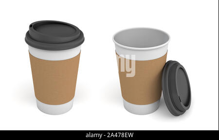 Representación 3D de dos tazas de café de papel blanco con rayas de color  marrón y negro, tapas, uno cerrado y uno abierto. Llevar bebidas. Menaje  para preparar té y café. Cafetería