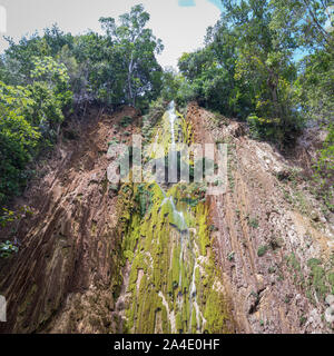 Cerca del maravilloso El Limón cascada tropical con un montón de musgo y vapor de agua, visto desde abajo de la cascada en la República Dominicana de Foto de stock