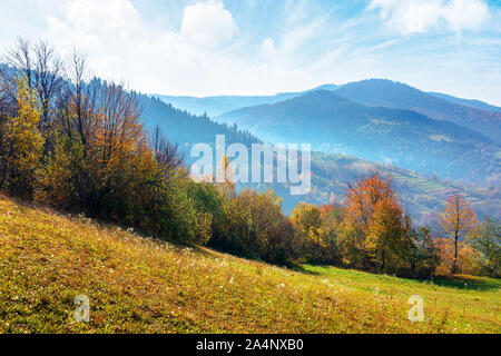 Paisaje montañoso en un soleado día de otoño. Los árboles de follaje colorido distantes Ridge en haze el brillante cielo azul con nubes. Bonita zona rural de