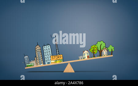 Un balancín de madera sobre fondo azul con una ilustración de la vida urbana overweighing un dibujo de casas de campo. Foto de stock