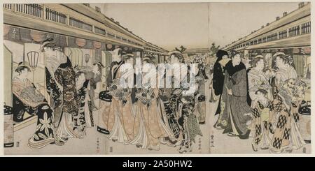 Cortesanos Promenando en el Nakanocho, c. 1790. Utagawa Toyokuni (japonés,  1769-1825). Tríptico: Estampado de bloques de madera en color; total: 37,8  x 25,8 cm (14 7/8 x 10 3/16 pulg.). El Nakanocho