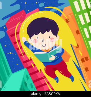 Ilustración de un chico joven superhéroe volaba hasta los edificios mientras lee un libro