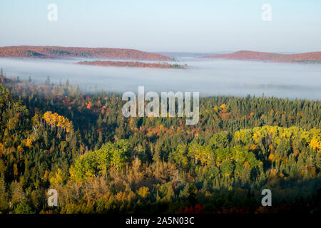 Tofte, Minnesota. Color en el otoño en el Bosque Nacional Superior. Temprano en la mañana la niebla cubre el paisaje.