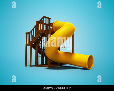 Dos pisos de madera deslice el tubo amarillo para adolescentes 3D Render sobre fondo azul con sombra Foto de stock