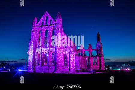 Las luces iluminan las ruinas de herencia Inglesa de Whitby Abbey en North Yorkshire Abadía iluminada durante el evento. Foto de stock