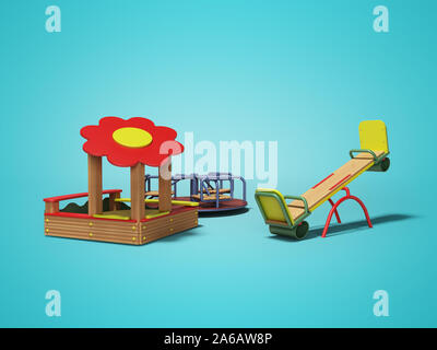 Juegos para niños modernos de madera con sandbox y columpios 3D Render sobre fondo azul con sombra Foto de stock