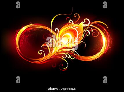 Artísticamente, Fiery dibujado el símbolo de infinito con plumas de pavo real fiery brillantes sobre fondo negro. Ilustración del Vector