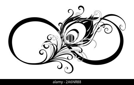 Artísticamente, el contorno negro dibujado, símbolo de infinito con silueta de plumas de pavo real sobre fondo blanco.El estilo de tatuaje. Ilustración del Vector