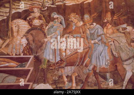 Detalle del fresco italiano "Triunfo de la Muerte", "Juicio Final" por Buonamico Buffalmacco, 1336-1341, renovado fresco en el interior del Campo Santo, Pisa Ital Foto de stock