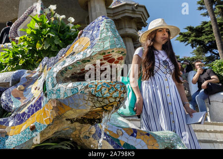 El ajolote, conocido como el DRAC, un mosaico de cerámica, o lagarto dragon Fuente de Trevi, de Antonio Gaudí en el Parque Güell, Barcelona, España Foto de stock
