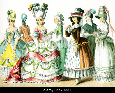 Aquí se muestran las mujeres francesas entre 1750 y 1800.Son de izquierda a derecha: cuatro señoras de rank, dos damas en 1785, y una dama en 1790.Esta ilustración data de 1882. Foto de stock
