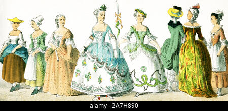 Aquí se muestran las mujeres francesas entre 1750 y 1800.Son de izquierda a derecha, de arriba a abajo: superior: tradeswoman país, mujer, señora de rango en 1755; dos trajes de bailes y máscaras; tres paseos y casa vestidos en 1770; Abajo: cuatro señoras de rank, dos damas en 1785, y una dama en 1790.Esta ilustración data de 1882. Foto de stock