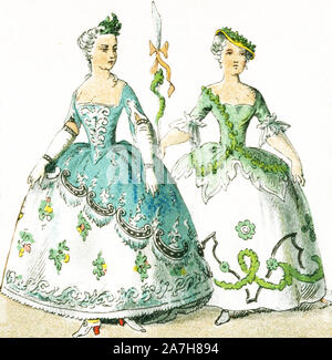 Aquí se muestran dos mujeres francesas entre 1750 y 1800. Ellos son, de izquierda a derecha: dos trajes de bailes y máscaras. Esta ilustración se remonta a 1882. Foto de stock