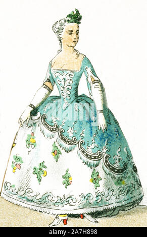 Aquí se muestra una mujer francesa vestida con un traje para una pelota entre 1750 y 1800. Esta ilustración se remonta a 1882. Foto de stock