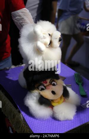 Un perro mascota pintado con top personaje animado Ne Zha es visto durante la 22ª Feria Pet Asia en Shanghai, China, 22 de de 2019. La 22ª Feria Pet asi Fotografía