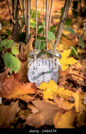 Un reloj de alarma en medio de coloridas hojas de otoño, finales de verano daylight saving time / Concepto