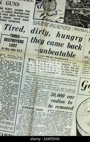 Réplica del periódico Daily Express el 31 de mayo de 1940 durante la evacuación de Dunkerque y el rescate de las Fuerzas Expedicionarias británicas. Foto de stock