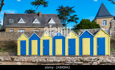 Cabañas de baño en la playa, Grande Plage, Bretaña, Ile-aux-Moines
