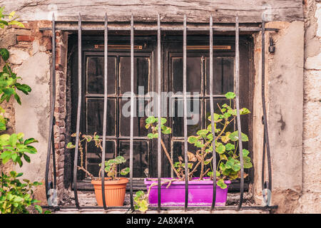 Rica flora en la fachada de un edificio antiguo - macetas con flores en la ventana Foto de stock