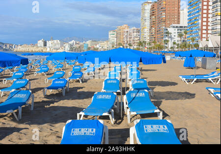 Hamacas y sombrillas de playa para alquilar en La Playa de Levante, a la mañana temprano. Benidorm, Alicante, España Foto de stock