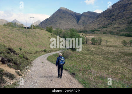 Hombre solitario caminando por una pista hacia la montaña escocés Corbett Stob Dubh (Beinn Ceitein) en Glen Etive, Scottish Highlands, Escocia, Reino Unido. Foto de stock