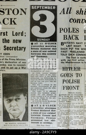 Anuncio de guerra declarada a partir del 03 de septiembre de 1939 en el Daily Express (réplica), 4º de septiembre de 1939, el día después de la II Guerra Mundial fue declarada. Foto de stock