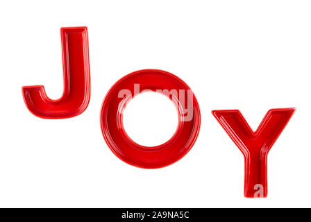 Colección de letras de la palabra alegría sobre un fondo blanco aisladas. Foto de stock