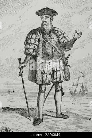 Vasco da Gama, primer Conde de Vidigueira (1460-1524). Explorador portugués. Él fue el primer europeo en llegar a la India por mar. Grabado. Museo Militar, 1883. Foto de stock