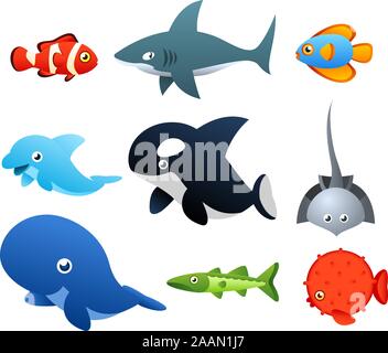El segundo conjunto de iconos de Vida Marina, con nueve diferentes animales marinos como peces, tiburones, delfines, ballenas ilustración vectorial. Ilustración del Vector