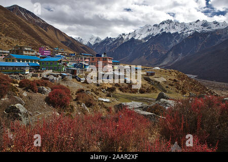 Vista de una pequeña ciudad Kyanjin Gompa enclavado en las montañas del Valle de Langtang Foto de stock