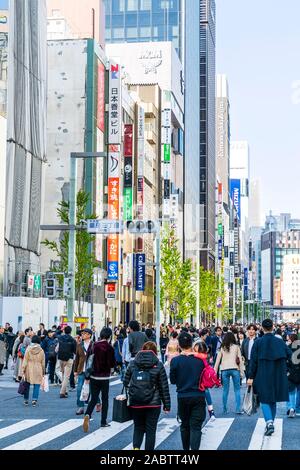 Vista de la calle de Chuo Dori street, la principal calle comercial de Ginza en Tokio, en un fin de semana cuando se convierte en una zona peatonal. Ocupada y llena de gente. Foto de stock