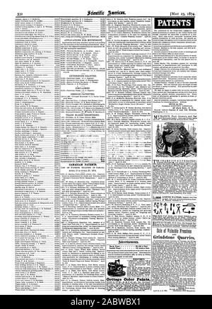 El calendario de las tasas de patentes. Las patentes canadienses. dentro de la página 75 centavos una línea. Casa rural color pinta PATENTES MUNN & Co. 37 Park Row N. Y. sv IX 4 1 Muela y canteras. WEAVER, Scientific American, 1874-05-23 Foto de stock