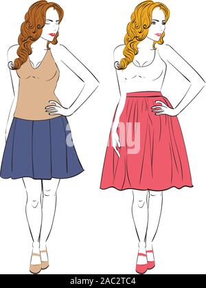 Ilustración de una mujer en el cuerpo tipo pera diferentes vestidos, estilo  arte de línea Imagen Vector de stock - Alamy