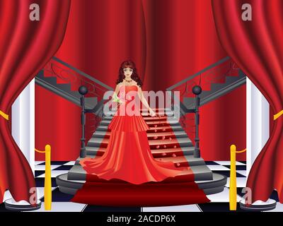 La mujer está de moda en las escaleras con alfombra roja. Ilustración del Vector