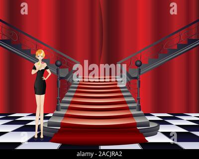 La mujer está de moda en las escaleras con alfombra roja. Ilustración del Vector