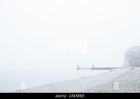 Los faros que forman una baliza en el puerto de Fecamp, Normandía, Francia en un día gris y brumoso Foto de stock