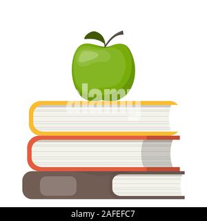 Pila de libros y manzana verde en la parte superior. Símbolo de la educación. Ilustración del concepto, vector