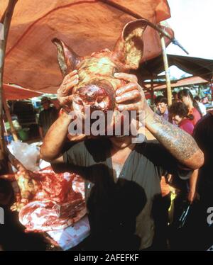 Mercado en la aldea Tomohon cerca de Manado, Sulawesi del Norte, Indonesia. Aquí está el carnicero local con su cabeza de cerdo. Foto de stock