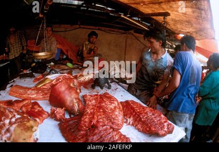 Mercado local en la aldea de Tomohon, cerca de Manado, Sulawesi del Norte, Indonesia. Aquí podemos ver cómo la gente local comercial con carne. Nota El perro Foto de stock