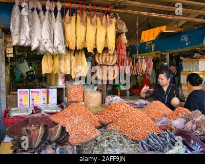 Una mujer examina el pescado para su venta en un puesto en el mercado de los alrededores del Mercado Central de Phnom Penh, Camboya. Foto de stock