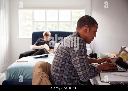 Dos estudiantes universitarios masculinos en Casa Compartida Dormitorio estudian juntos
