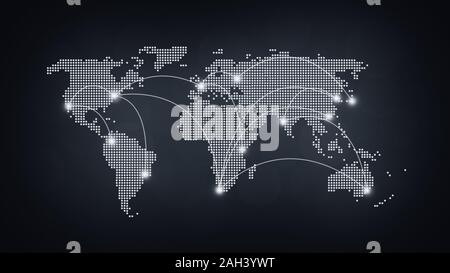 Mapa del mundo punteado con rutas de vuelo. Fondo gris oscuro en blanco y negro con resolución 4k. Concepto de comunicaciones globales, viajes y globalización.