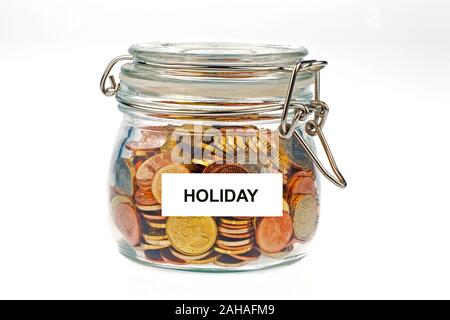 Ein Glas mit Münzen zum Sparen für die spätere Vorsorge, Anschaffungen, Kaffeekasse, Hochzeit, Urlaub, Versicherungen, Foto de stock