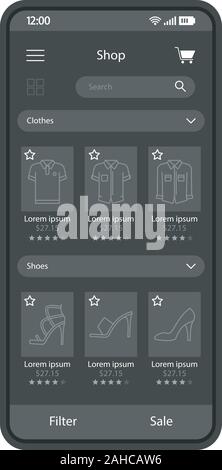 Tienda de ropa online interfaz smartphone plantilla vectorial. Moda tienda  de internet. Mobile App página diseño negro. Ropa y accesorios Sitio s  Imagen Vector de stock - Alamy