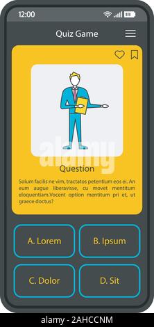 Juego de preguntas de la interfaz del smartphone app plantilla vectorial.  Página móvil de diseño azul. Concurso de la pantalla de la aplicación. Iu  plana. Intelectual Online pl Imagen Vector de stock 