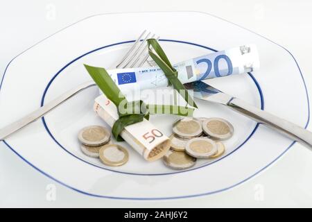 Symbolfoto, Essen, Essen, Teures teuer Teller, Besteck, Euro, Banknoten, Foto de stock