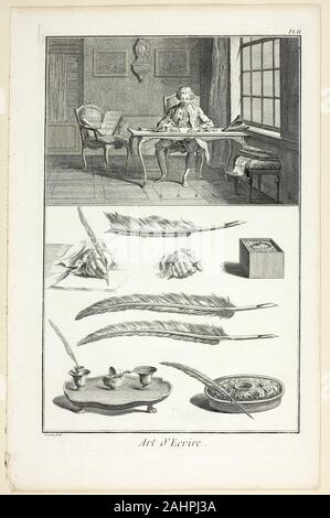 Benoît-Louis Prévost. Arte de escribir, de Encyclopédie. 1760. Francia. Grabado, aguafuerte, sobre crema de papel establecido Foto de stock