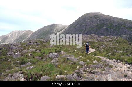 Hombre solitario caminando hacia la montaña escocés Munro Beinn Liath Mhor en el camino a la guarida de Coire, Strathcarron, Scottish Highlands, Escocia, Reino Unido. Foto de stock